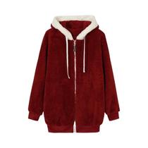 Novo estilo outono e inverno solto pelúcia zíper jaqueta com capuz mulher