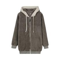 Novo estilo outono e inverno solto pelúcia zíper jaqueta com capuz mulher