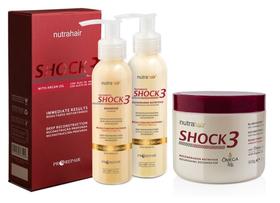 Nutrahair kit shock3 shampoo 120ml + regenerador pro repair oleo de argan 120ml + regenerador nutritivo omega 3/6