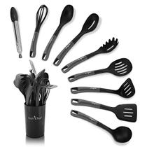 NutriChef 10 Pcs. Protetor de cozinha resistente ao calor de silicone Utensílios de cozinha definir-não-stick ferramentas de cozimento com suporte PP (cinza & preto), 1, cinza