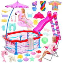 O conjunto de brinquedos Doll Pool BARWA inclui um conjunto de festas na piscina de 11,5 polegadas