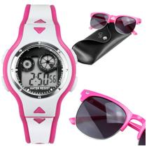 Oculos + case premium + relogio led digital rosa infantil criança rosa ajustavel original esportivo