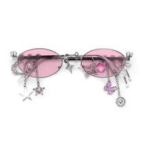 Óculos de festa com moldura prateada com lente oval rosa para mulheres