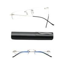 Óculos De Leitura Masculinos De Metal Quadrados Sem Aro Anti-azuis plus 4 Para Presbiopia Com Estojo