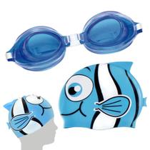 Oculos de Natacao Infantil Azul + Touca de Natacao Peixinho Azul Mor