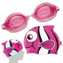 Oculos de Natacao Infantil Rosa + Touca de Natacao Peixinho Rosa Mor