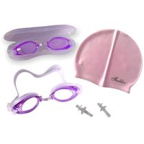 Óculos De Natação Lilas + Touca Silicone Hidro Jovem Adulto + Protetores auriculares - KAEKA