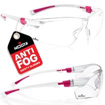 Óculos de segurança NoCry com lentes envolventes transparentes, antiembaçantes, resistentes a arranhões e alças antiderrapantes, proteção UV. Armações ajustáveis, brancas e rosa (pacote com 10)