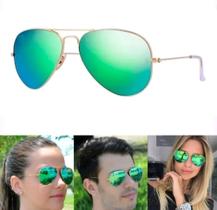 Óculos De Sol Aviador Masculino Feminino Dourado Verde Espelhado Lente Cristal UV400 Oferta - Império dos Óculos