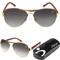oculos de sol feminino aço inox banhado ouro aviador + case lente marrom qualidade premium original - Orizom