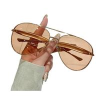 Óculos De Sol Femininos Oversized Retrô Anos 70 Estilo Aviador Com Hastes De Metal Dourado E Design