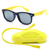 Óculos de Sol Flexível Infantil + Case Carrinho + Cordão Silicone Marinho e Amarelo
