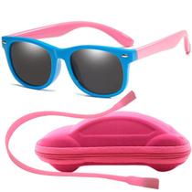Óculos de Sol Flexível Infantil + Case Carrinho + Cordão Silicone Rosa e Azul Óculos de Sol Flexível Infantil + Case Carrinho + Cordão Silicone Rosa e Azul