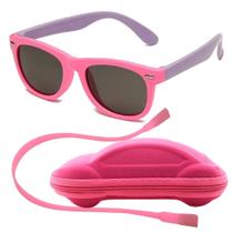 Óculos de Sol Flexível Infantil + Case Carrinho + Cordão Silicone Rosa e Lilás