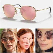 Óculos De Sol Hexagonal 3548 Dourado Rosa Espelhado Feminino Moderno Moda Verão UV400