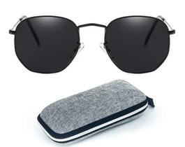 Óculos De Sol Hexagonal Preto Lentes Cristal Feminino