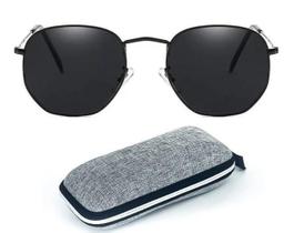 Óculos De Sol Hexagonal Preto Lentes Cristal Feminino