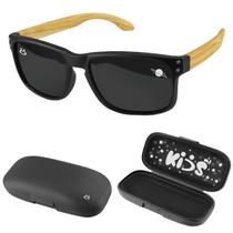 Oculos de Sol Infantil Preto Tipo Madeira Proteção UV + Estojo Verão Original - Presente de Meninos - Orizom