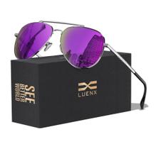 Óculos de Sol Polarizados LUENX Aviator - Lentes Roxas e Armação Prateada Óculos de Sol Polarizados LUENX Aviator - Lentes Roxas e Armação Prateada