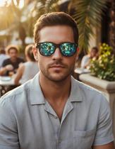 Óculos De Sol Quadrado Preto Tradicional Masculino Haste Bambu Armação Leve Proteção Solar UV400