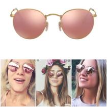 Óculos De Sol Round John Lennon Feminino Dourado Rosa Espelhado Proteção UV400 Barato