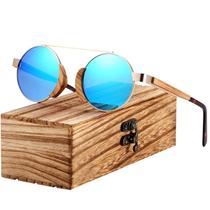 Óculos de Sol Unissex Redondo Design Madeira Moda Verão Lentes Polarizada Uv400