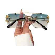 Óculos De Sol Unissex Sem Armação Com Corte De Diamante E Cabeça De Leopardo, Dupla Viga Óculos De Sol Unissex Sem Armação Com Corte De Diamante E Cabeça De Leopardo, Dupla Viga