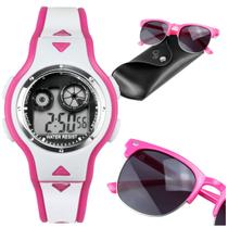 Óculos de Sol UV 400 + Relógio Led Digital Rosa Infantil Criança Pulseira Ajustável Original Esportivo + Case premium