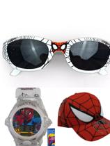 Oculos e relogio musical com led branco e bone do homem aranha infantil masculino,novidade