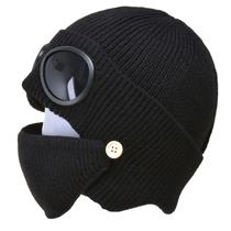 Óculos Earflap Beanie Hat para Homens e Mulheres Inverno Warm Knit Thick Skull Cap com máscara de capa facial para ciclismo ao ar livre - Preto