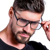 Óculos Masculino Quadrado Preto Armação sem Grau Proteção Anti Luz Azul para Computador Tv Celular