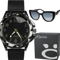 Oculos proteção uv sol + caixa + relogio feminino preto aço qualidade premium casual resistente moda