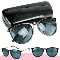 Oculos sol feminino redondo protecao uv preto acetato + case praia estiloso Casual verão moda sol