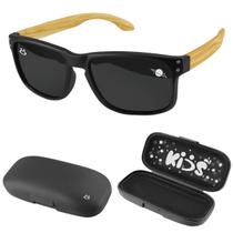oculos sol infantil madeira preto praia proteção uv + case criança presente social casual resistente qualidade premium