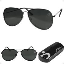 Oculos sol polarizado aviador preto metal aço inox + case moda unissex presente feminino masculino