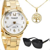 Oculos Sol Protecao UV + Colar + Relogio Feminino Aço Inox casual presente + relógio bracelete qualidade premium social Oculos Sol Protecao UV + Colar + Relogio Feminino Aço Inox casual presente + relógio bracelete qualidade premium social