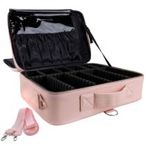 OEWOER PU Leather Professional Makeup Bag 16 Inches Travel Makeup Case Large Cosmetic Train Case Sets Cosmetic Organizer Box with Ajustable Strap and Make up Brush for Hair Curler Millennial (L-Pink)