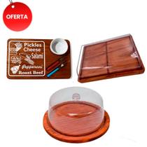 OFERTA DIA DAS KIT 3pçs Porta Frios 21X16,5CM, Boleira de Madeira RUSTICO tampa Acrílico e Kit frios pote e Garfinhos Café da manha, Cozinha, Mesa pos