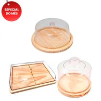 OFERTA DIA DAS MAES KIT 3pçs Porta Frios MEDIO 21X16,5CM, Queijeira e Boleira Madeira, Acrílico, Cozinha, Café, Bolos, Petiscos