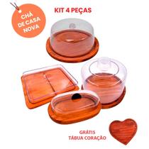 OFERTA DIA DAS MAES KIT 4Pçs Mesa Posta, Porta Frios, Boleira, Manteigueira e Queijeira de Madeira RUSTICO