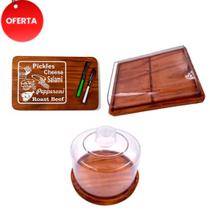 OFERTA KIT 3pçs Porta Frios 21X16,5CM, Boleira de Madeira RUSTICO tampa Acrílico e Kit frios e Garfinhos Café da manha, Cozinha, Mesa posta