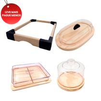 OFERTA KIT 4Pçs Queijeira, Bandeja, Manteigueira e Porta Frios Medio 21x16,5cm Madeira Natural, Cozinha, Café, Bolos, Tortas, Queijos, Petiscos