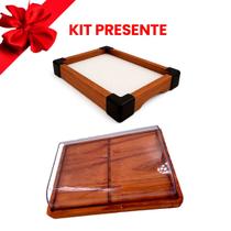 OFERTA KIT Bandeja e Porta Frios Médio 21X16,5cm de Madeira Rustica tampa de Acrílico, Café, Cozinha, Bolo, Frios