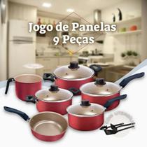 ogo de Panelas 09 Peças Cereja Antiaderente - Teflon - Tampa de Vidro