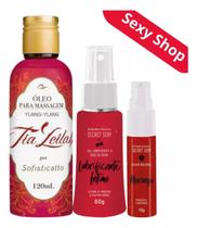 Óleo para Massagem Tia Leilah + Lubrificante Íntimo A Base De Água Secret Sexy + Calda Bejável Secret Sexy Morango