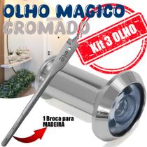 Olho Magico Visor de porta cromado Kit com 3 Olhos mais 1 Broca Chata para madeira