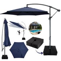 Ombrelone Lateral 3,00m Azul c/Base e Manivela Proteção Solar UV Cobertura Poliéster Resistente p Jardim Piscina Varanda