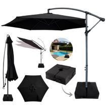 Ombrelone Lateral 3,00m Preto c/Base e Manivela Proteção Solar UV Cobertura Poliéster Resistente Jardim Piscina Varanda