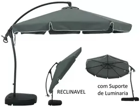 ombrelone Lateral Buzios 3 Metros Bel Cinza em Aluminio Ideal p/ Praia, Piscina / Inclinavel, Gira 360 Com Base de Apoio 50L + Suporte de Luminaria