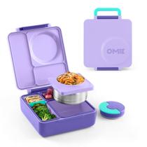 OmieBox Bento Box for Kids - Lancheira Bento Isolada com frasco de alimentos termos à prova de vazamento - 3 compartimentos, duas zonas de temperatura - (roxo) (único) (embalagem pode variar)